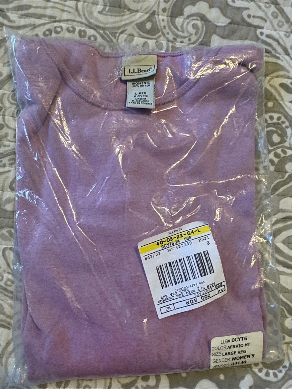 L.L. Bean Women's Light Lavender Long Sleeve Tee. Unopened.
